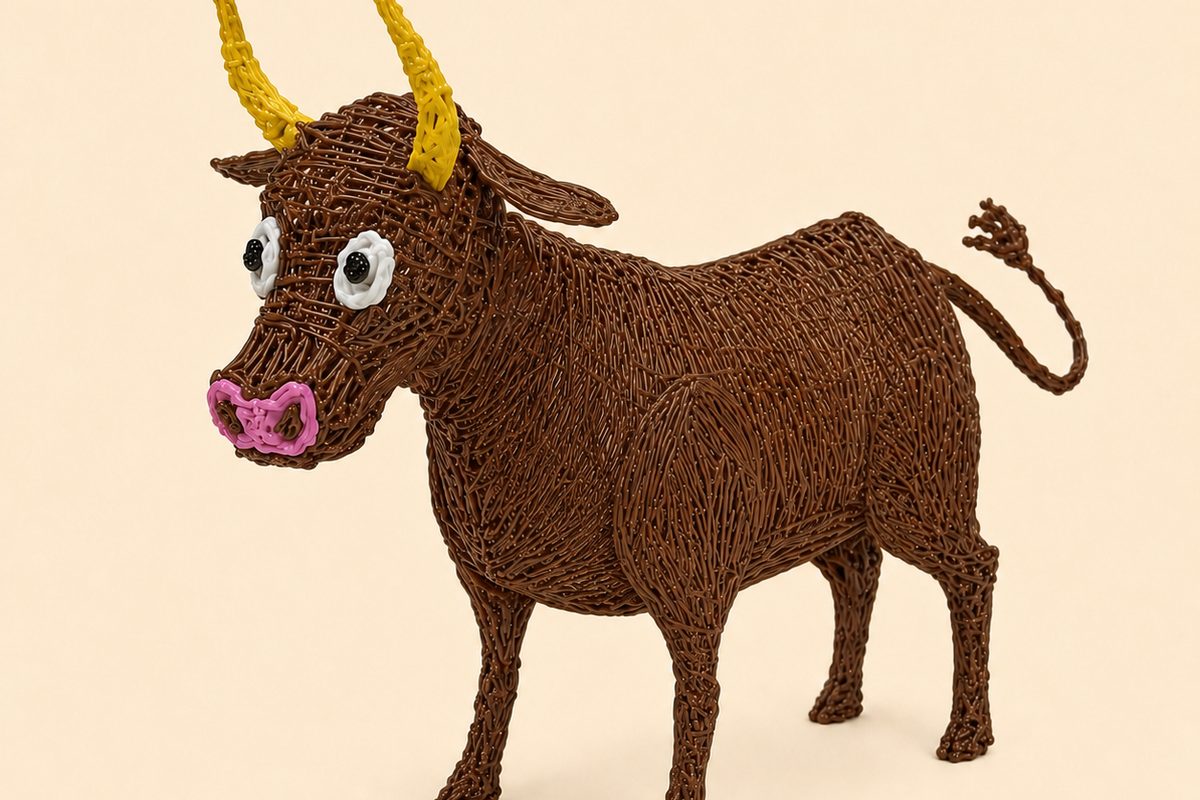 Un toro marrone in filamento PCL, creato con una penna 3D