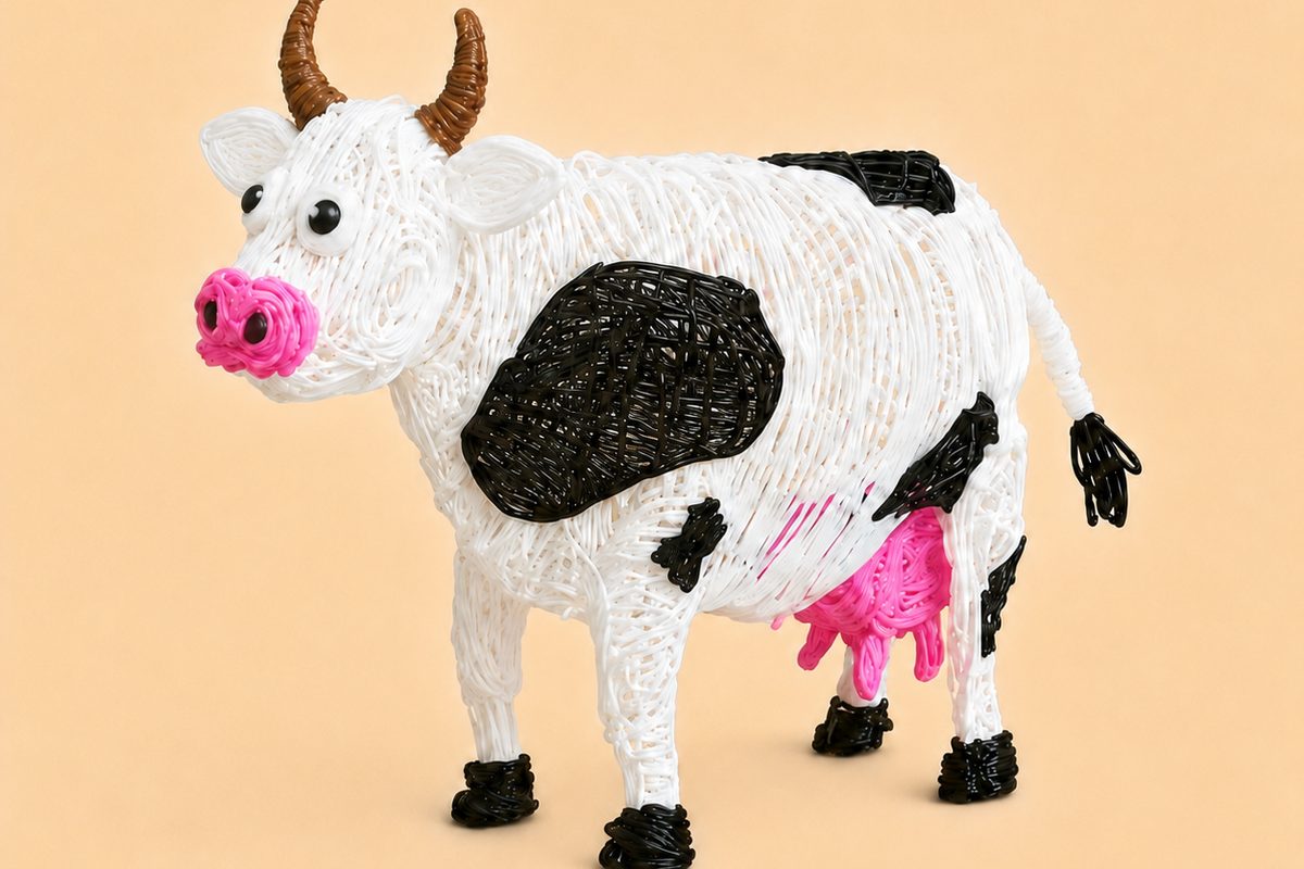 Una mucca bianca e nera in filamento PCL, creata con una penna 3D
