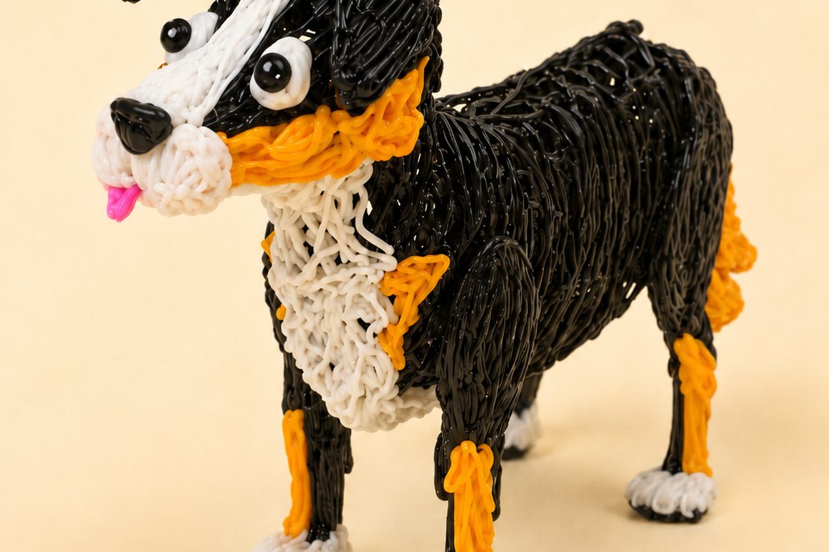 Un cane bovaro nero, bianco e marrone in PCL, creato con una penna 3D